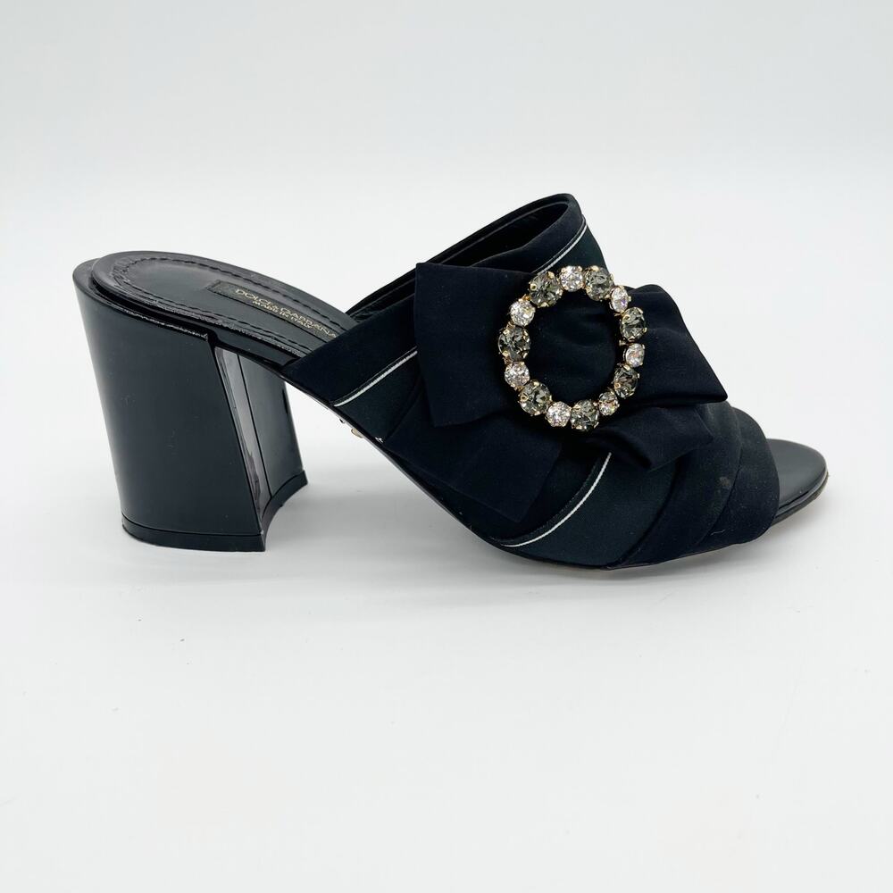 Dolce & Gabbana Black Crystal Buckle Bow Charmeuse Satin Mule Heels IT 36.5